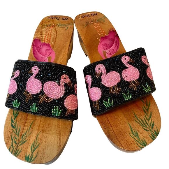 Miz Tanice Beaded & Painted Pink Flamingo Wood Slides in ladies Sz 8. - Picture 1 of 8